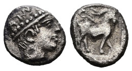 Thrace. Ainos. AR Obol, 0.32 g 6.71 mm. Late 5th century BC. 
Obv: AIN, Head of Hermes right, wearing petasos. 
Rev: Goat standing right, with kerykei...