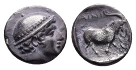 Thrace, Ainos. AR Diobol. 1.03 g 11.67 mm. Circa 427/6-425/4 BC.
Obv: Head of Hermes right, wearing petasos.
Rev: AIN, Goat standing right; tendril ...