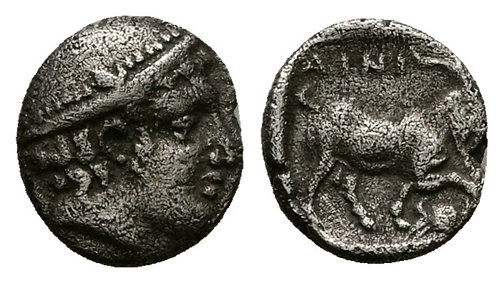 Thrace, Ainos. AR Diobol, 1.25 g 11.26 mm. Circa 408-406 BC.
Obv: Head of Hermes...