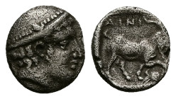 Thrace, Ainos. AR Diobol, 1.25 g 11.26 mm. Circa 408-406 BC.
Obv: Head of Hermes right wearing petasos.
Rev: AINI,Goat standing right; crab below rais...