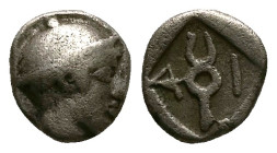 Thrace, Ainos. AR Diobol, 1.31 g 10.10 mm. Circa 464-460 BC.
Obv: Head of Hermes right wearing petasos.
Rev: A-I. Caduceus set diagonally across incus...