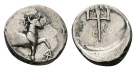 Thrace. Byzantion. AR Hemidrachm, 1.74 g 12.29 mm. Circa 353-340 BC.
Obv: Forepart of bull right, Δ-like monogram beneath raised leg 
Rev: Ornamented ...