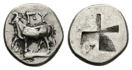 Thrace, Byzantion. AR Hemidrachm, 2.48 g 14.06 mm. Circa 340-320 BC.
Obv: Bull standing left on dolphin left.
Rev: Stippled quadripartite incuse squar...