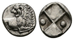 Thrace, Chersonesos. AR Hemidrachm, 2.29 g 13.18 mm. Circa 386-338 BC.
Obv: Forepart of lion right, head left.
Rev: Quadripartite incuse square, with ...
