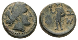 Thrace, Sestos. Ae, 5.57 g 17.12 mm. Early 3rd century BC.
Obv: Head of Persephone left, wearing grain wreath.
Rev: ΣΗ. Hermes standing left, holding ...