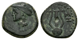 Thrace, Sestos. Ae, 2.81 g 15.84 mm. Circa 300 BC.
Obv: Head of Hermes left, wearing petasos.
Rev: ΣH. Kithara.
Ref: Von Fritze 16; HGC 3.2, 1648.
Fin...