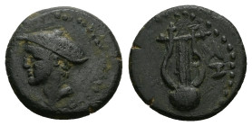 Thrace, Sestos. Ae, 2.85 g 16.52 mm. Circa 300 BC.
Obv: Head of Hermes left, wearing petasos.
Rev: ΣH. Kithara.
Ref: Von Fritze 16; HGC 3.2, 1648.
Fin...