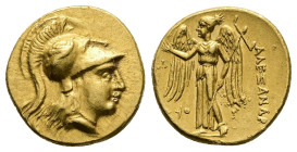 Kings of Macedon. Alexander III. AV Stater, 8.55 g 18.60 mm. Circa 325-319 BC.
Obv: Head of Athena right, wearing crested Corinthian helmet decorated...