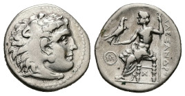 Kings of Macedon. Alexander III 'the Great'. AR Drachm, 4.09 g 19.34 mm. 336-323 BC. Uncertain mint.
Obv: Head of Herakles right, wearing lion skin.
R...