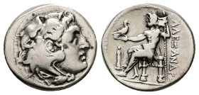 Kings of Macedon. Alexander III "the Great". AR Drachm, 4.12 g 19.09 mm. 336-323 BC. Mylasa.
Obv: Head of Herakles to right, wearing lion skin headdre...