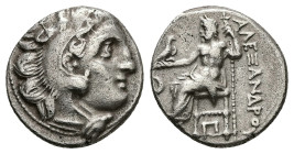 Kings of Macedon. Alexander III 'the Great'. AR Drachm, 4.38 g 17.53 mm. 336-323 BC. Kolophon.
Obv: Head of Herakles right, wearing lion skin.
Rev: AΛ...