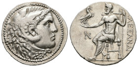 Kings of Macedon, Alexander III. 336-323 BC. AR Tetradrachm, 16.86 g 33.09 mm. Nisyros mint. Autonomous issue, struck circa 201-190 BC.
Obv: Head of ...