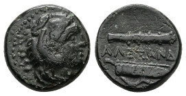 Kings of Macedon, Alexander III 'the Great', AE, 5.09 g 16.21 mm. 336-323 BC. Uncertain mint.
Obv: Head of Herakles right, wearing lion skin.
Rev: ΑΛΕ...