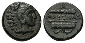 Kings of Macedon, Alexander III 'the Great', AE, 5.70 g 17.93 mm. 336-323 BC.
Obv: Head of Herakles right, wearing lion skin.
Rev: AΛEΞANΔPOY, Club an...