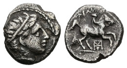 Kings of Macedon, Philip II. 1/5 Tetradrachm, 2.28 g 14.06 mm. 359-336 BC. Amphipolis.
Obv: Diademed head of Apollo right.
Rev: ΦΙΛΙΠΠΟΥ. Horseman rid...