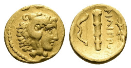 Kings of Macedon. Philip II- Alexander III. AV Quarter Stater, 2.09 g 11.87 mm. 340/36-328 BC. Pella.
Obv: Head of Herakles right, wearing lion skin....