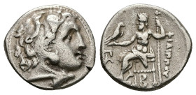 Kings of Macedon. Philip III Arrhidaios. AR Drachm, 4.16 g 17.97 mm. 323-317 BC. Kolophon.
Obv: Head of Herakles right, wearing lion skin.
Rev: ΦΙΛΙΠΠ...