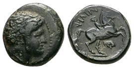 Kings of Macedon, Philip II. Ae, 6.21 g 18.21 mm. 359-336 BC. Uncertain mint.
Obv: Diademed head of Apollo right.
Rev: ΦIΛIΠΠOY,Horseman right. bull b...