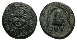 Kings of Macedon, Philip III Arrhidaios, Ae, 4.81 g 15.53 mm. 323-317 BC. Salamis.
Obv: Macedonian shield, with facing gorgoneion on boss.
Rev: B – A....