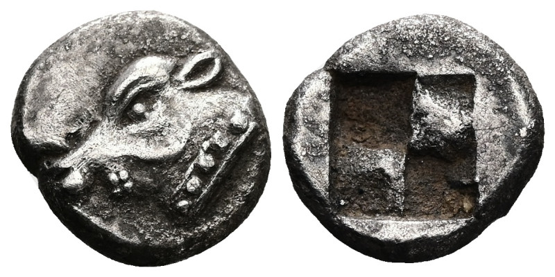 Ionia, Uncertain. AR Obol, 0.95 g 9.38 mm. Circa 550-500 BC. 
Obv: Head of a cal...