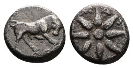 Ionia, Magnesia ad Maeandrum. AR Hemiobol, 0.32 g 6.51 mm. Circa 400-350 BC. 
Obv: Bull butting to right; below, maeander pattern. 
Rev: Μ-Α-Γ Eight-r...