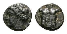 Ionia, Magnesia ad Maeandrum. Ae, 0.54 g 7.34 mm. Circa 400 BC
Obv: Laureate head of Apollo left.
Rev.: M A , Cuirass.
Ref.: SNG Kayhan, 393-94.
Fine/...
