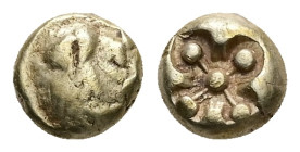 Ionia. Miletos. EL 1/12 Stater, 1.15 g 7.39 mm. Circa 600-550 BC.
Obv: Head of lion right.
Rev: Stellate pattern within conforming incuse.
Ref: SNG Ka...