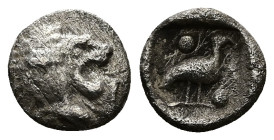 Ionia, Miletos, AR Tetartemorion, 0.20 g 6.06 mm. Circa 600-500 BC.
Obv: Head of roaring lion right
Rev: Eagle standing right; pellet above and below;...