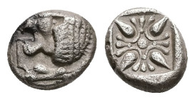 Ionia, Miletos. AR Obol or Hemihekte, 1.10 g 9.08 mm. Late 6th-early 5th centuries BC.
Obv: Forepart of lion right, head left.
Rev: Stellate floral de...