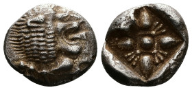 Ionia, Miletos. AR Obol or Hemihekte, 1.10 g 10.34 mm. Late 6th-early 5th century BC.
Obv: Forepart of lion left, head right.
Rev: Stellate floral des...