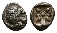 Ionia, Miletos. AR Obol or Hemihekte, 1.14 g 10.04 mm. Late 6th-early 5th century BC.
Obv: Forepart of lion left, head right.
Rev: Stellate floral des...
