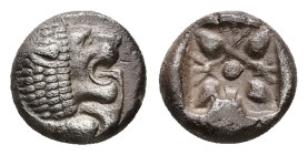 Ionia, Miletos. AR Obol or Hemihekte, 1.19 g 9.10 mm. Late 6th-early 5th century BC.
Obv: Forepart of lion left, head right.
Rev: Stellate floral desi...