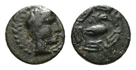 Ionia, Myous. Ae, 0.65 g 8.72 mm. Circa 400-380 BC. 
Obv: Laureate head of Apollo to right within laurel wreath border 
Rev: Swan standing to right wi...