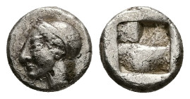 Ionia, Phokaia. AR Diobol, 1.06 g 9.84 mm. Circa 521-478 BC.
Obv: Archaic female head left, wearing earring and helmet or close fitting cap.
Rev: Incu...