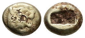 Kings of Lydia, Time of Alyattes to Kroisos. EL Trite or 1/3 Stater, 4.64 g 13.36 mm. Circa 620/10-550/39 BC. Sardes.
Obv: Head of roaring lion right,...