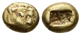 Kings of Lydia, Time of Alyattes to Kroisos. EL Trite or 1/3 Stater, 4.68 g 12.89 mm. Circa 620/10-550/39 BC. Sardes.
Obv: Head of roaring lion right...