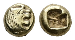 Lydia, Alyattes. EL Hemihekte - 1/12 Stater, 1.16 g 7.36 mm. Circa 610-560 BC. Sardes.
Obv: Head of roaring lion to right, sunburst on forehead
Rev: I...