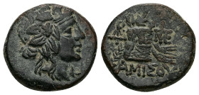 Pontos. Amisos. Ae, 8.34 g 21.62 mm. Time of Mithradates VI Eupator 120-63 BC.
Obv: Head of Dionysos to right, wearing wreath of ivy and fruit
Rev: AM...