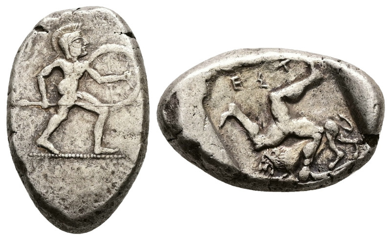 Pamphylia, Aspendos AR Stater, 11.27 g 25.71 mm. Circa 465-430 BC.
Obv: Warrior...