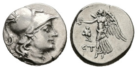 Pamphylia, Side. AR Drachm, 4.11 g 17.30 mm. Circa 205-190 BC.
Obv: Helmeted head of Athena right.
Rev: Nike advancing left, holdnig wreath; pomegrana...