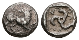Dynasts of Lycia, Kuprilli AR Tetrobol, 2.68 g 12.19 mm. Circa 480-440 BC. 
Obv: Lion standing right, head left, raising forepaw 
Rev: Triskeles; KO-Π...