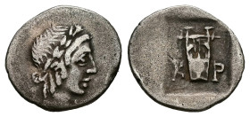 Lycian league, Kragos. AR Hemidrachm, 1.75 g 16.71 mm. 48-42 BC.
Obv: [Λ – Y]. Laureate head of Apollo right.
Rev: K - P. Lyre within incuse square.
R...
