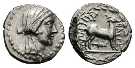 Caria, Bargylia. AR Drachm, 2.24 g 15.40 mm. 2nd-1st centuries BC.
Obv: Veiled head of Artemis Kindyas right.
Rev: BAPΓY / ΛIHTΩN. Stag standing right...