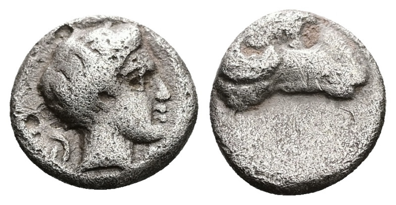 Caria, Kasolaba. AR Hemiobol, 0.43 g 7.03 mm. 4th century BC.
Obv: Young male he...