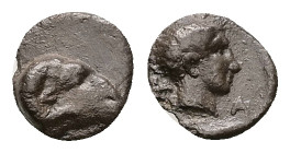 Caria, Kasolaba. AR Hemiobol, 0.43 g 7.96 mm. 4th century BC.
Obv: Young male head right; Carian letter to left and right.
Rev: Head of ram right.
Ref...