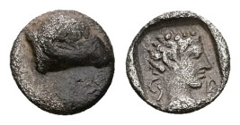 Caria, Kasolaba. AR Hemiobol, 0.44 g 7.79 mm. 4th century BC.
Obv: Young male head right; Carian letter to left and right.
Rev: Head of ram right.
Ref...