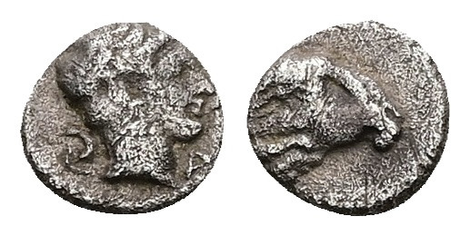 Caria, Kasolaba. AR Hemiobol, 0.45 g 7.23 mm. 4th century BC.
Obv: Young male he...
