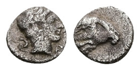 Caria, Kasolaba. AR Hemiobol, 0.45 g 7.23 mm. 4th century BC.
Obv: Young male head right; Carian letter to left and right.
Rev: Head of ram right.
Ref...