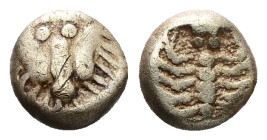 Caria, Mylasa. EL 1/48 Stater, 0.30 g 4.69 mm. Mid 6th century BC.
Obv: Facing head of lion.
Rev: Scorpion within incuse square.
Ref: Weidauer 166-7; ...