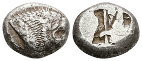 Caria, Mylasa. AR Stater, 10.93 g 19.72 mm. Circa 520-490 BC. 
Obv: Forepart of a lion to right. 
Rev: Incuse square divided by a thick band. 
Ref: AC...